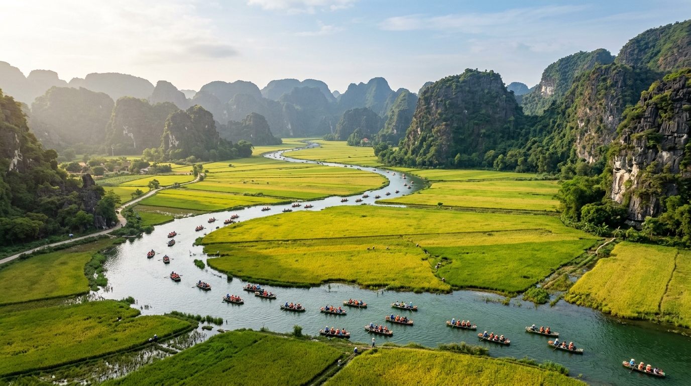 Thuyền nan lướt trên dòng sông Ngô Đồng mùa lúa chín Tam Cốc, Ninh Bình